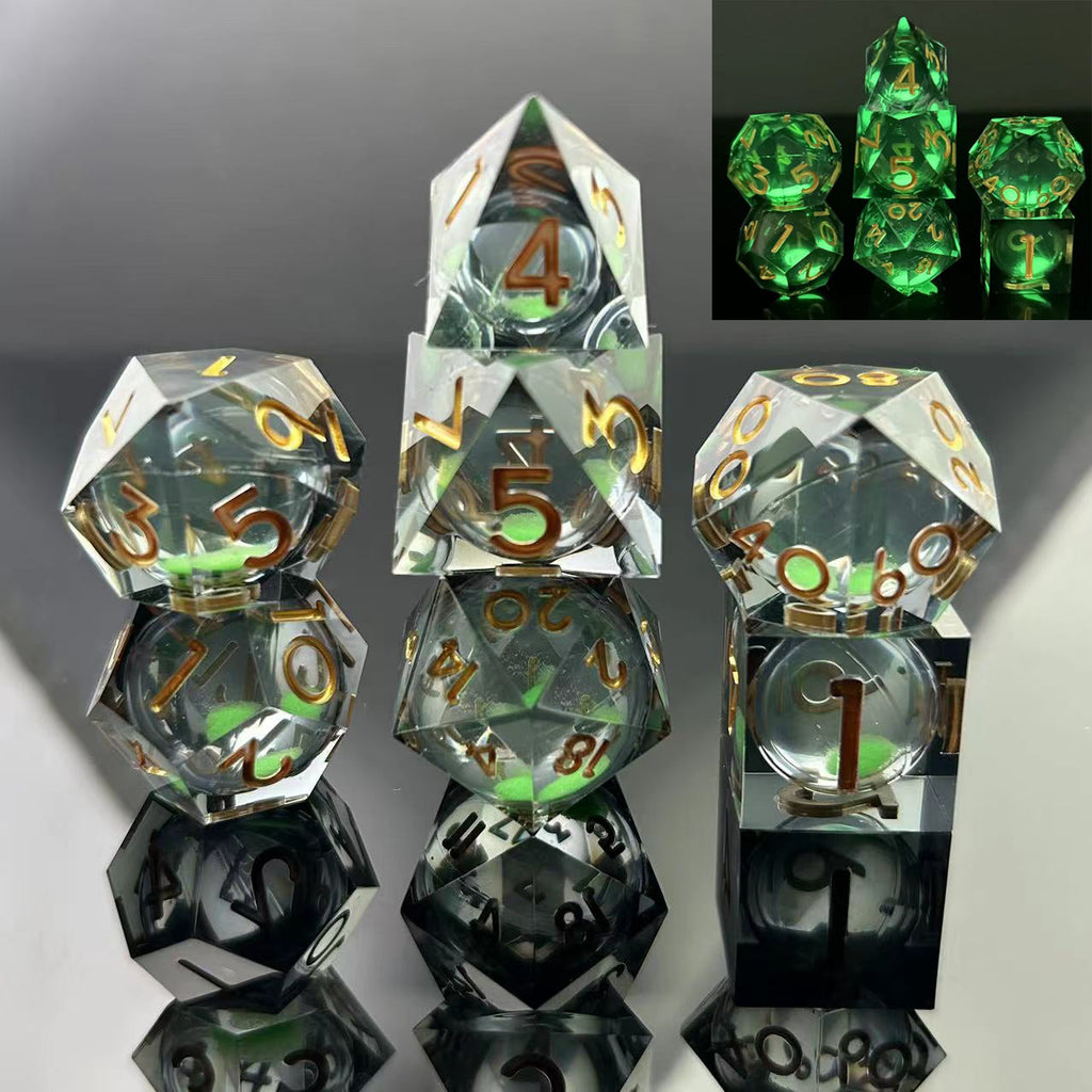 Sharp Edge Glow in the Dark Liquid Core RPG Dice Set - Green Mist Plastic Dice Foam Brain Games