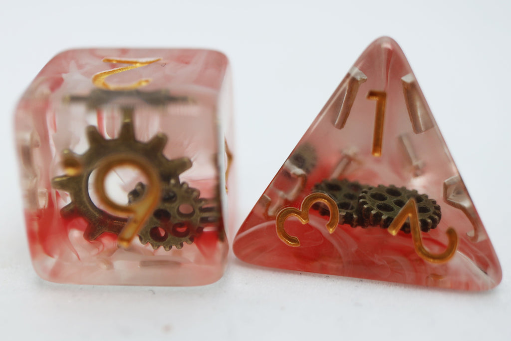 Red Swirl Ancient Gear RPG Dice Set Plastic Dice Foam Brain Games