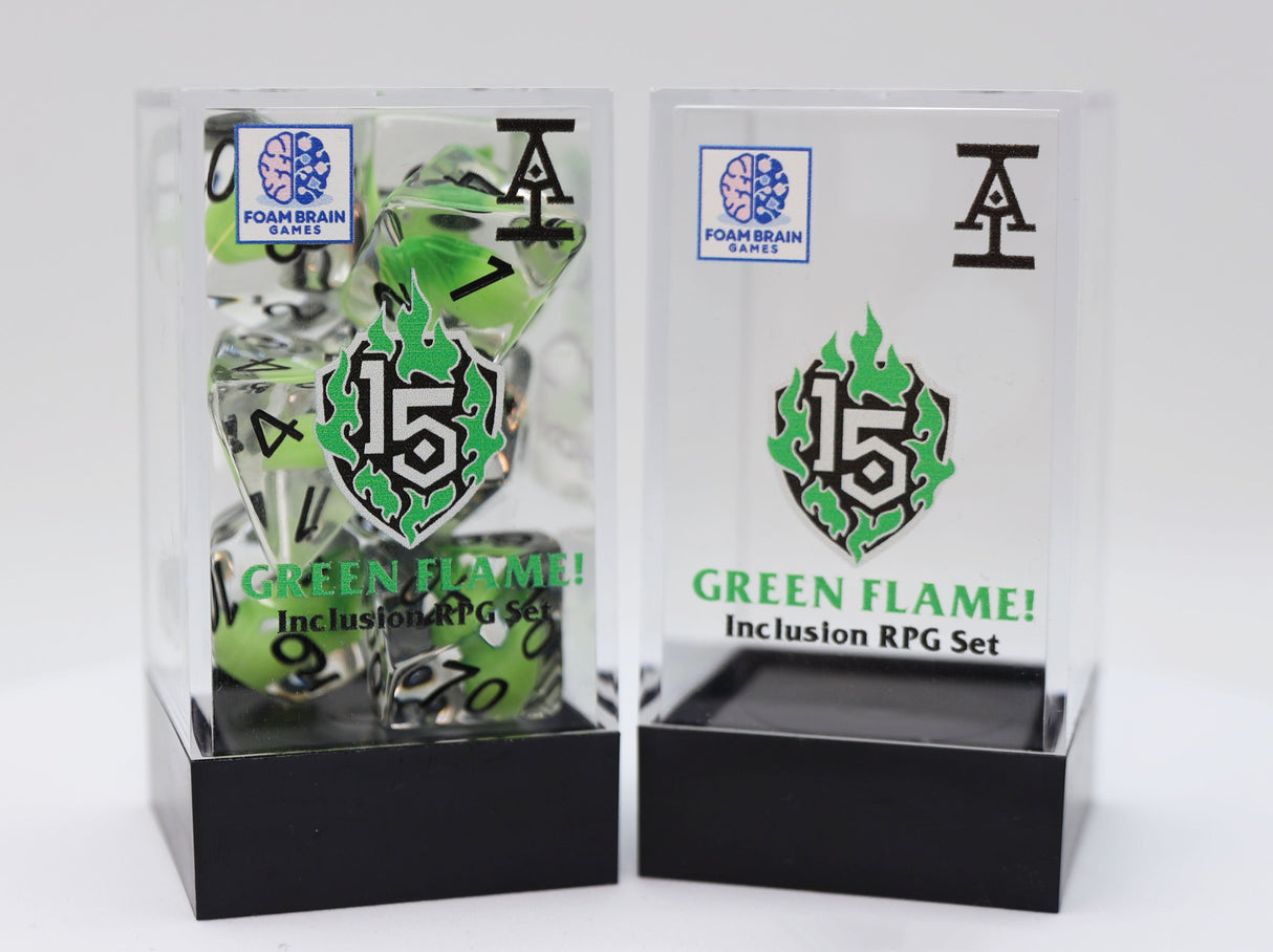 Acquisitions Inc Green Flame RPG Dice Set Plastic Dice Foam Brain Games