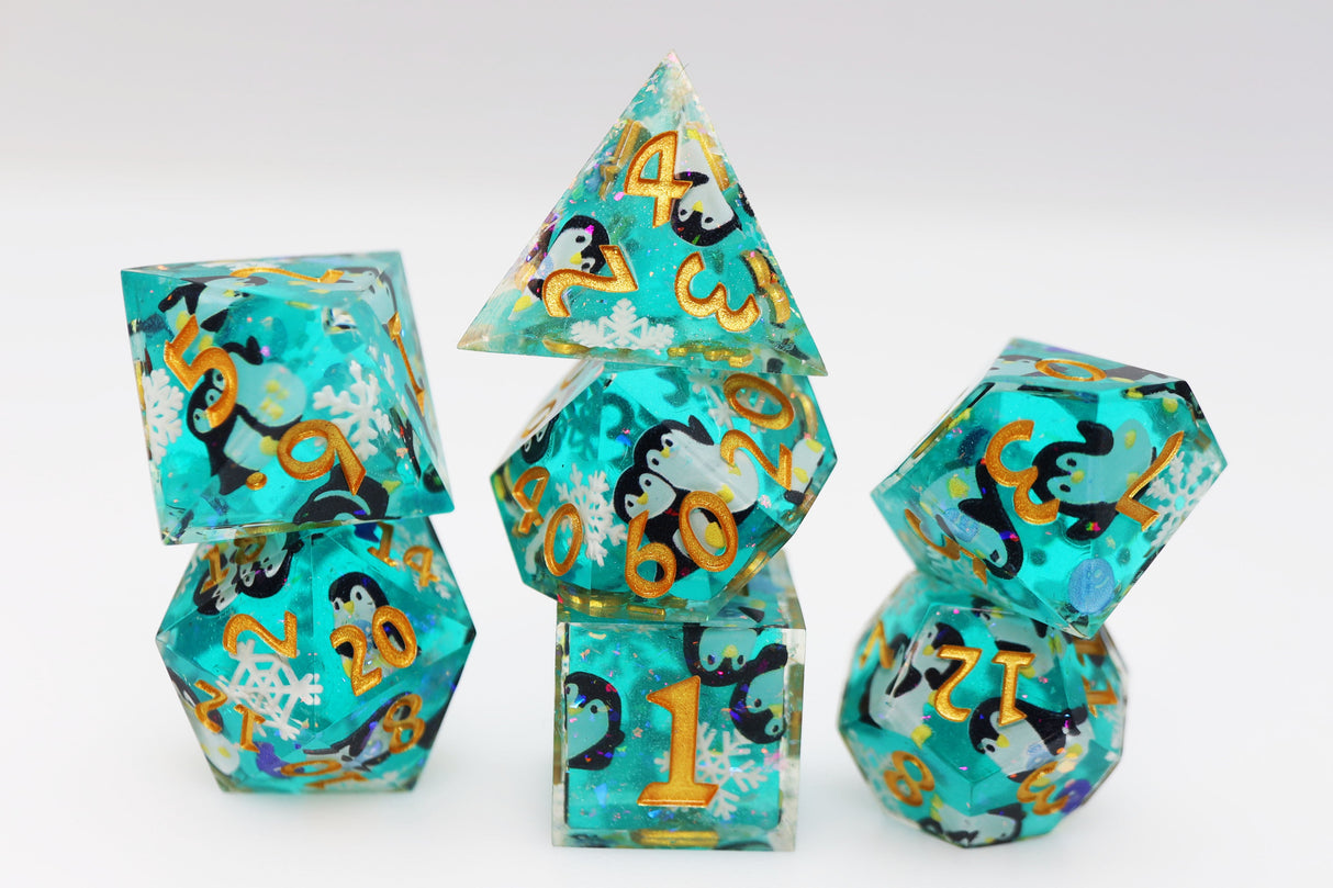 Playful Penguins: Sharp Edge Decal RPG Dice Set Plastic Dice Foam Brain Games