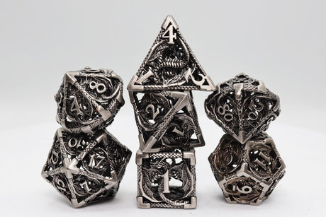 Bound Dragon: Silver - Hollow Metal RPG Dice Set Metal Dice Foam Brain Games