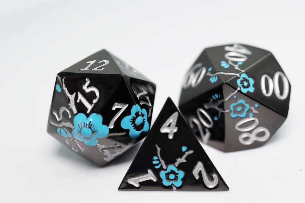 Metallic Bouquet: Black with Blue Orchids - Metal RPG Dice Set Metal Dice Foam Brain Games