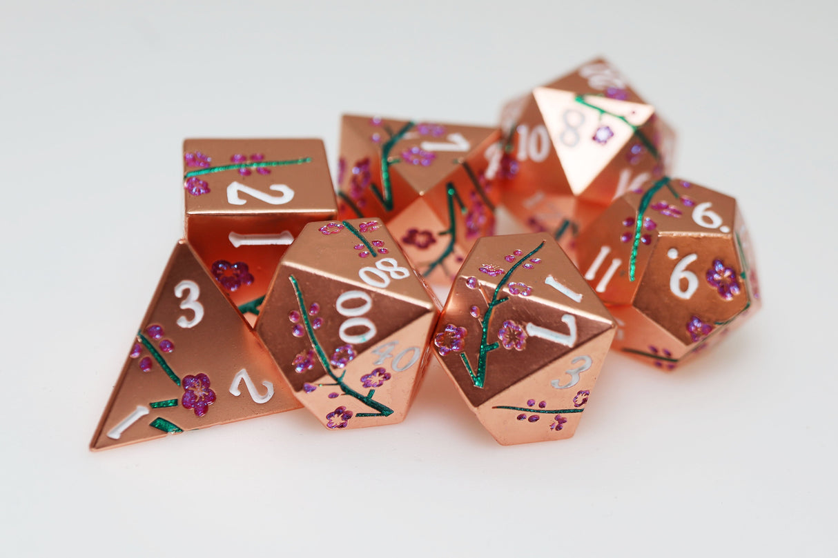 Metallic Bouquet: Copper Cherry Blossoms - Metal RPG Dice Set Metal Dice Foam Brain Games