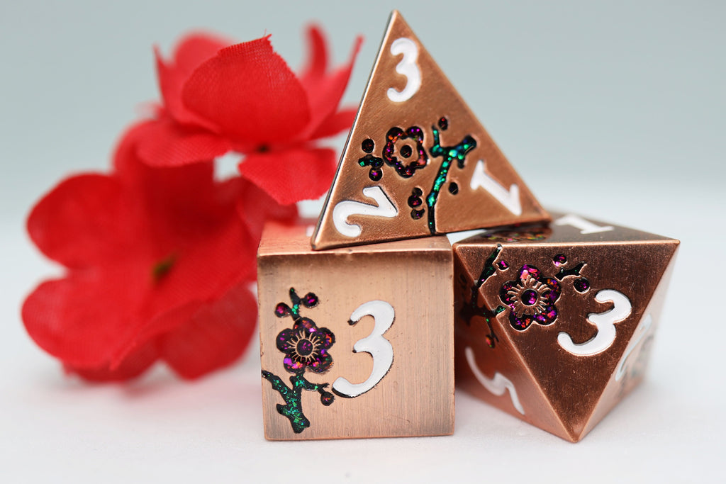 Metallic Bouquet: Copper with Red Orchids - Metal RPG Dice Set Metal Dice Foam Brain Games