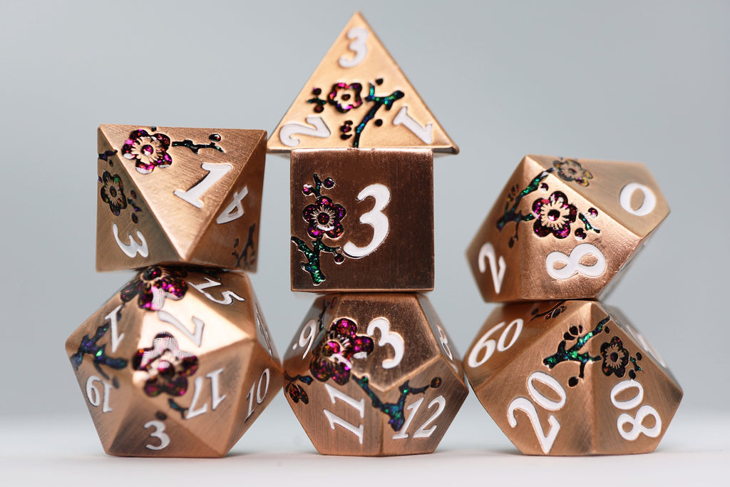 Metallic Bouquet: Copper with Red Orchids - Metal RPG Dice Set Metal Dice Foam Brain Games