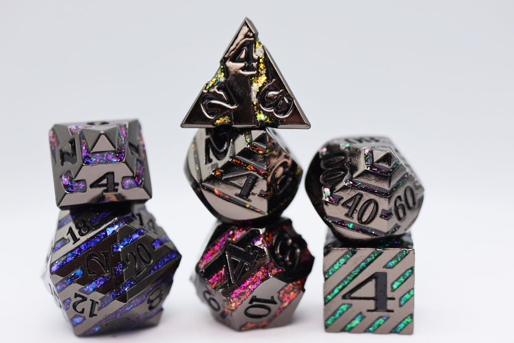 Into the Mines: Black with Rainbow Mica - Metal RPG Dice Set Metal Dice Foam Brain Games