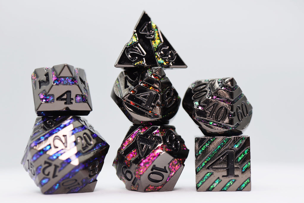 Into the Mines: Black with Rainbow Mica - Metal RPG Dice Set Metal Dice Foam Brain Games