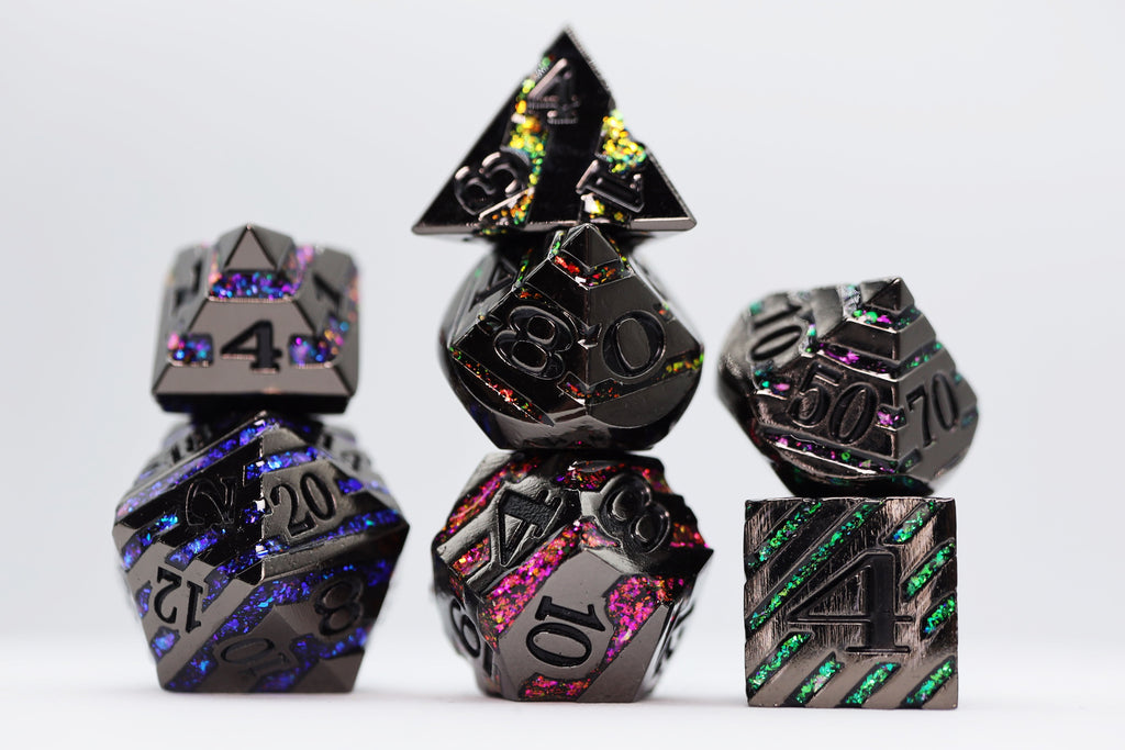 Into the Mines: Black with Rainbow Mica - Metal RPG Dice Set Metal Dice Foam Brain Games