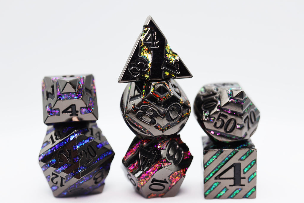 Into the Mines: Black with Rainbow Mica - Metal RPG Dice Set Metal Dice Foam Brain Games