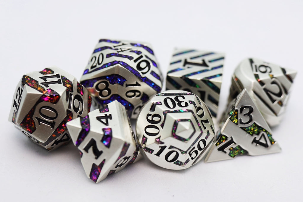 Into the Mines: Platinum with Rainbow Mica - Metal RPG Dice Set Metal Dice Foam Brain Games