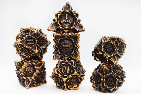 Floral Starburst: Gilded Goldenrod - Metal RPG Dice Set Metal Dice Foam Brain Games