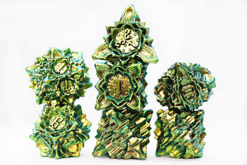 Floral Starburst: Frosted Undergrowth - Metal RPG Dice Set Metal Dice Foam Brain Games