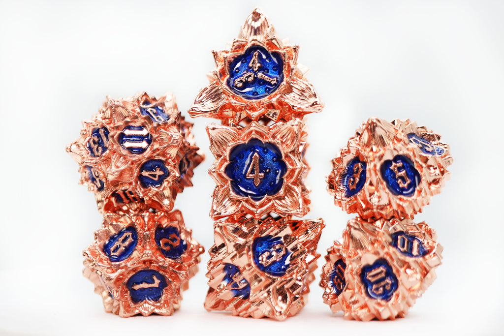 Floral Starburst: Copper Cornflower - Metal RPG Dice Set Metal Dice Foam Brain Games