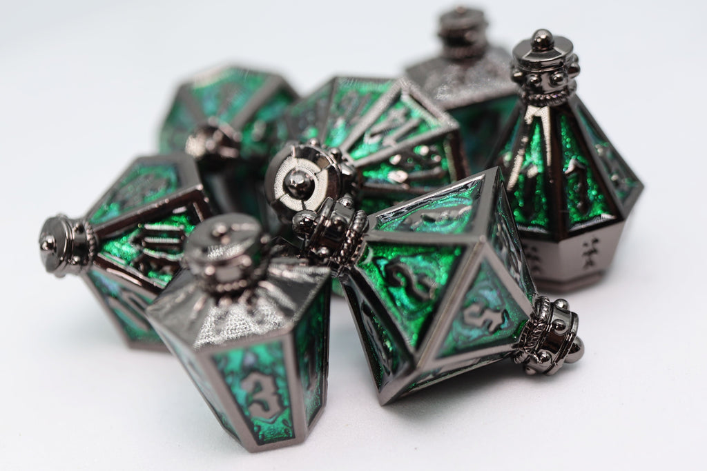 Moonlit Lantern: Midnight Acidfire - Metal RPG Dice Set Metal Dice Foam Brain Games