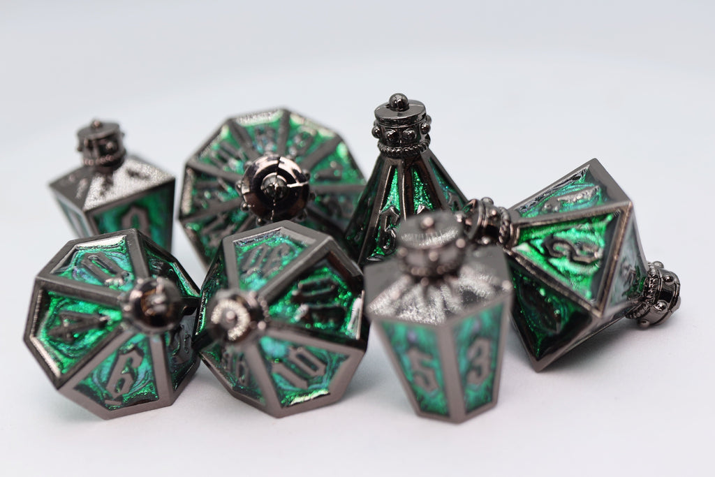 Moonlit Lantern: Midnight Acidfire - Metal RPG Dice Set Metal Dice Foam Brain Games