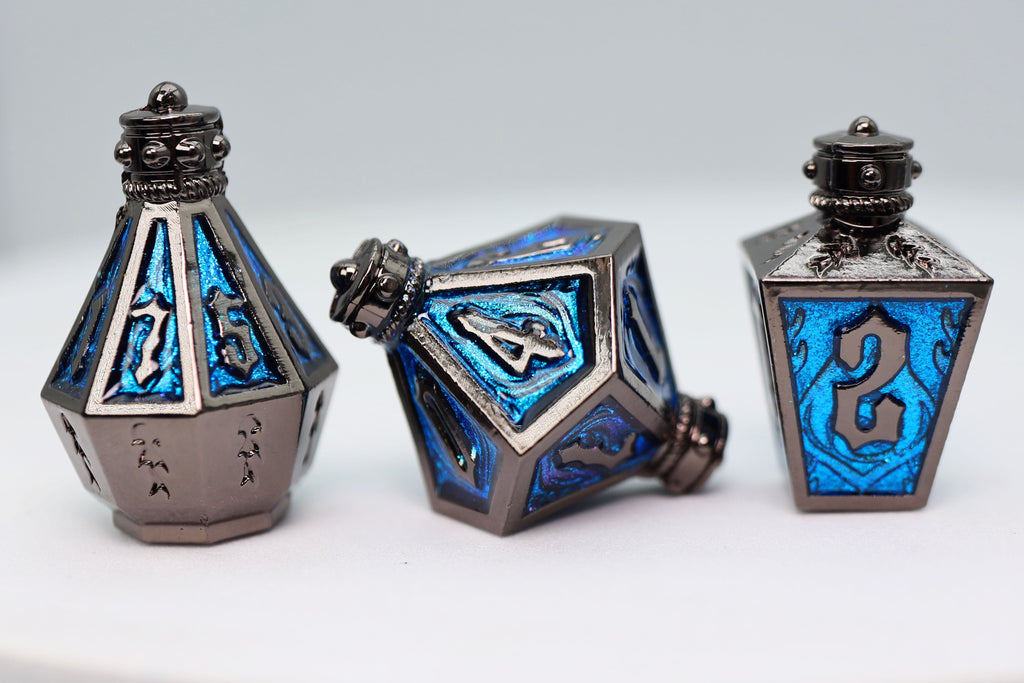 Moonlit Lantern: Midnight Frostfire - Metal RPG Dice Set Metal Dice Foam Brain Games