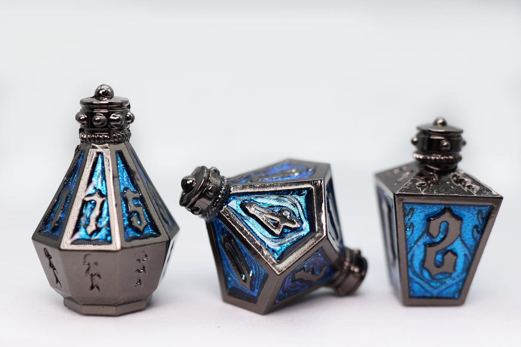 Moonlit Lantern: Midnight Frostfire - Metal RPG Dice Set Metal Dice Foam Brain Games