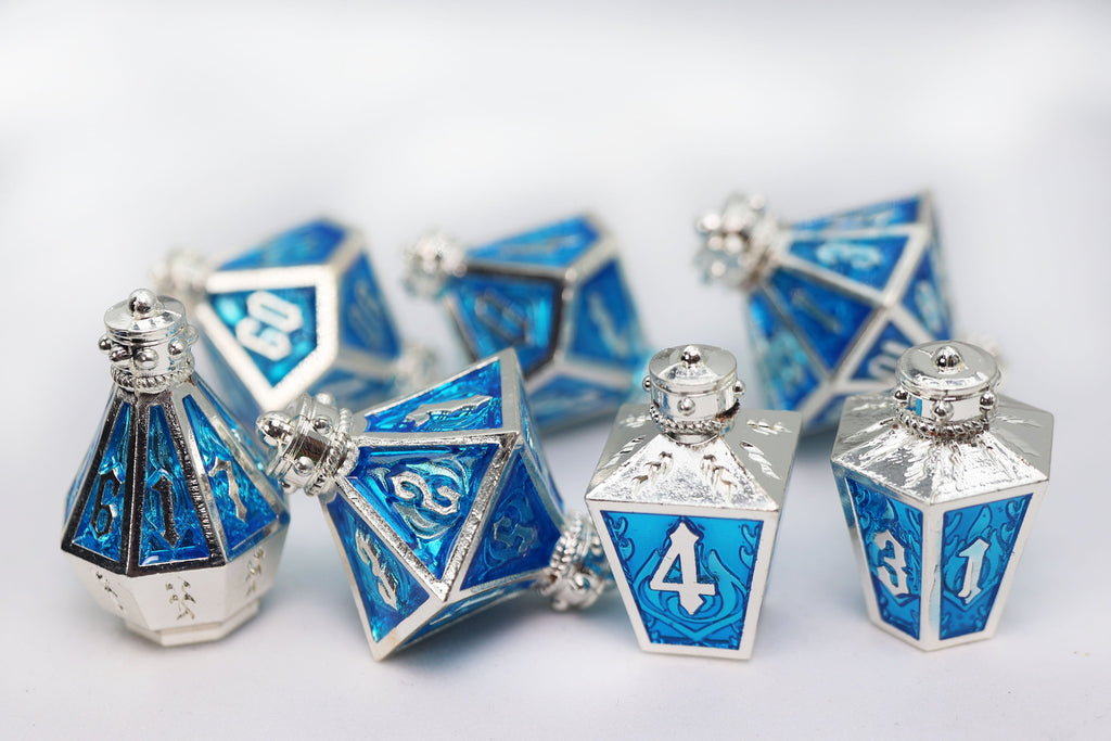 Moonlit Lantern: Silvered Frostfire - Metal RPG Dice Set Metal Dice Foam Brain Games