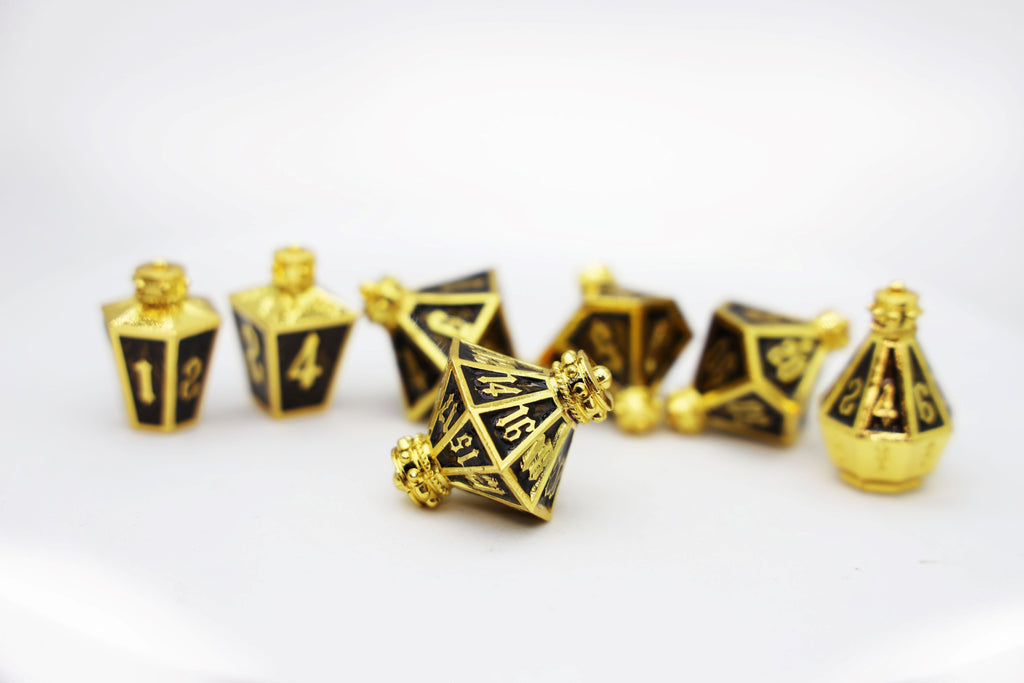 Moonlit Lantern: Golden Earthen Flame - Metal RPG Dice Set Metal Dice Foam Brain Games