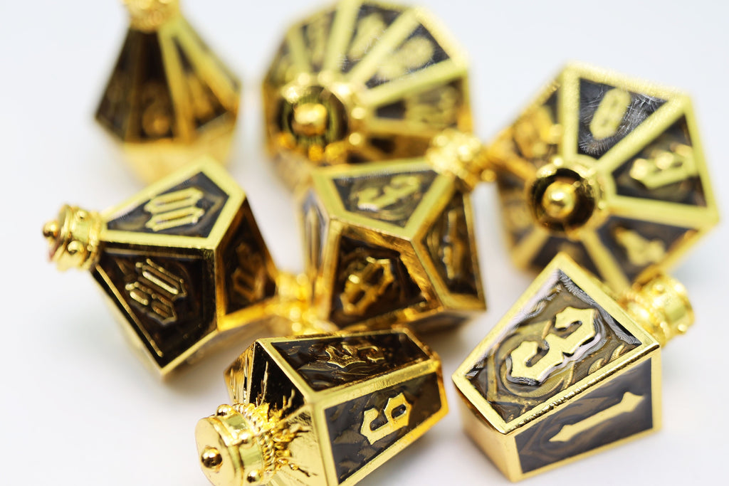 Moonlit Lantern: Golden Earthen Flame - Metal RPG Dice Set Metal Dice Foam Brain Games