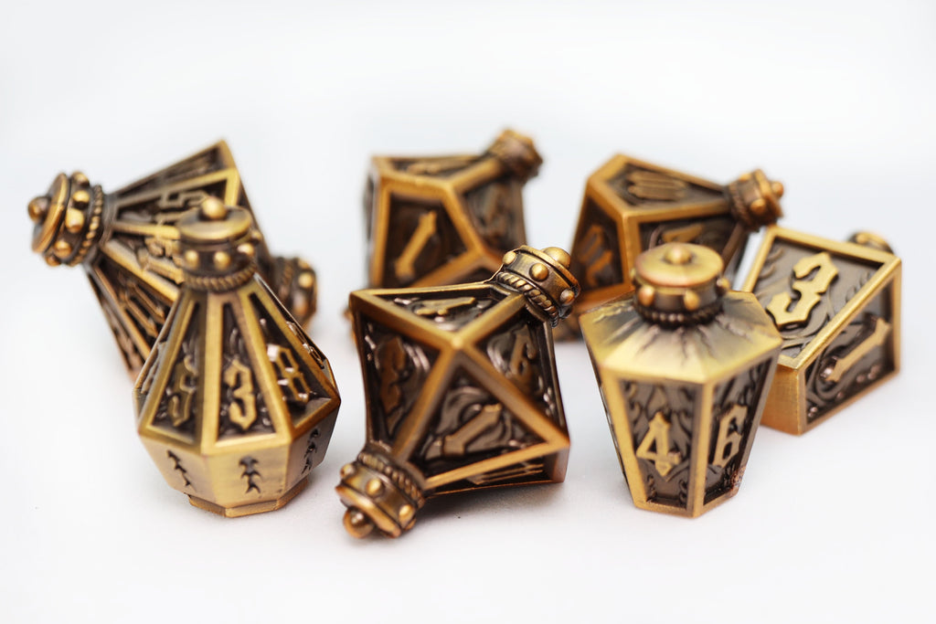 Moonlit Lantern: Golden Flames - Metal RPG Dice Set Metal Dice Foam Brain Games