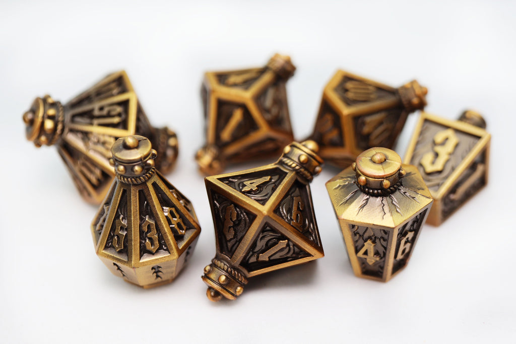 Moonlit Lantern: Golden Flames - Metal RPG Dice Set Metal Dice Foam Brain Games