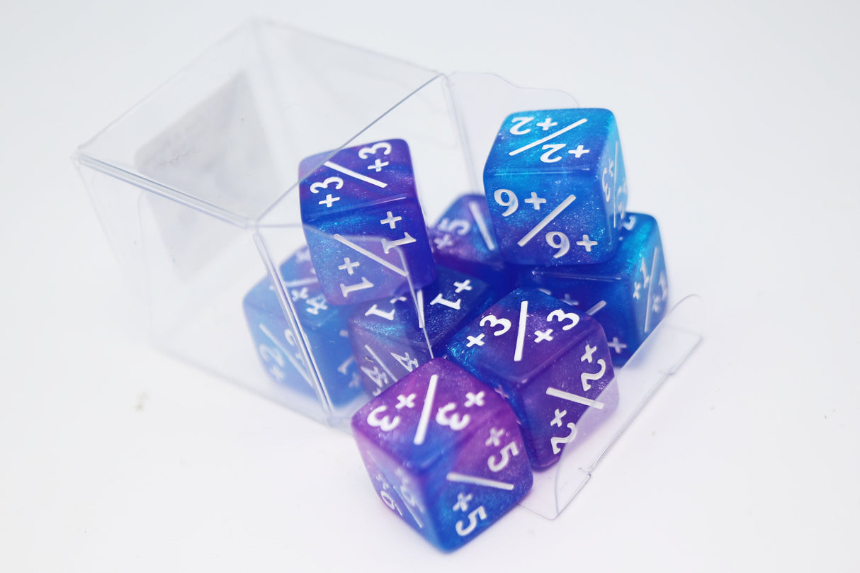 Blue & Purple Glitter +1/+1 Magic Counters Plastic Dice Foam Brain Games