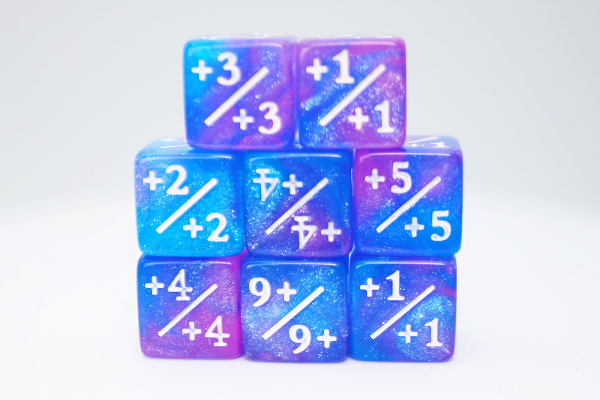 Blue & Purple Glitter +1/+1 Magic Counters Plastic Dice Foam Brain Games