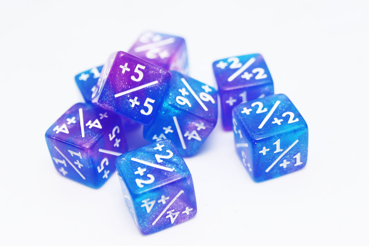 Blue & Purple Glitter +1/+1 Magic Counters Plastic Dice Foam Brain Games