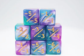 Light Blue & Purple Glitter -1/-1 Magic Counters Plastic Dice Foam Brain Games