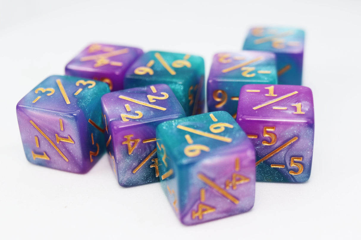 Light Blue & Purple Glitter -1/-1 Magic Counters Plastic Dice Foam Brain Games