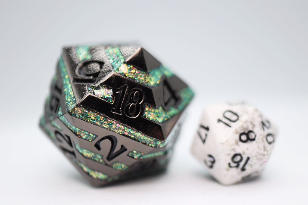 35mm Metal D20 - Black with Green Mica Metal Dice Foam Brain Games