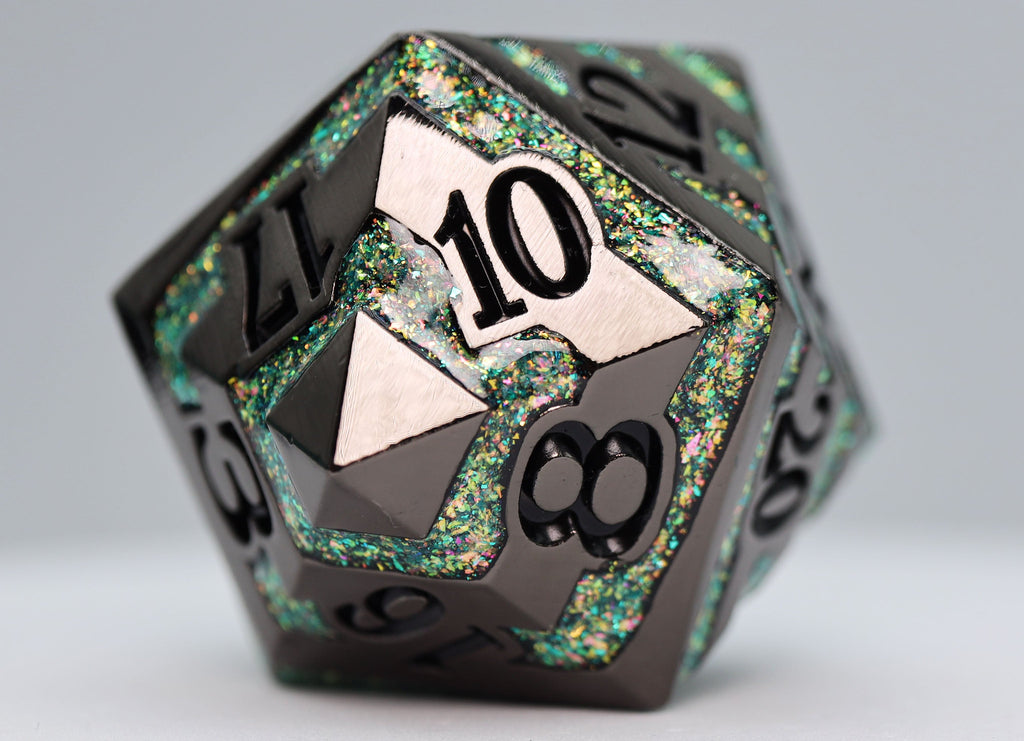 35mm Metal D20 - Black with Green Mica Metal Dice Foam Brain Games