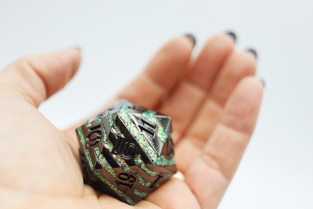 35mm Metal D20 - Black with Green Mica Metal Dice Foam Brain Games