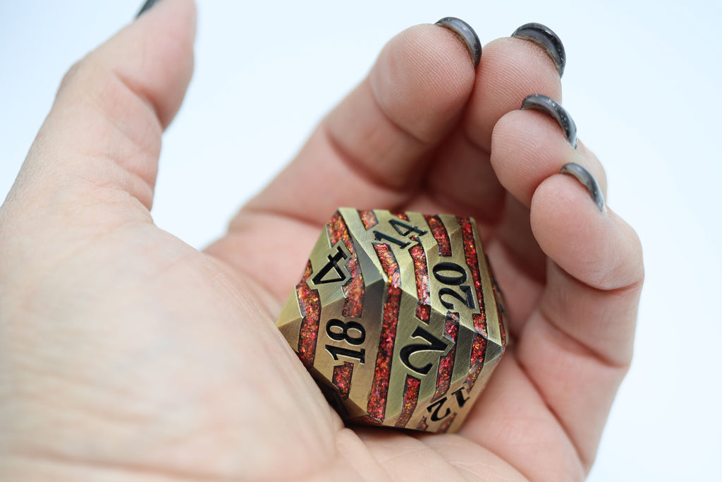 35mm Metal D20 - Bronze with Red Mica Metal Dice Foam Brain Games