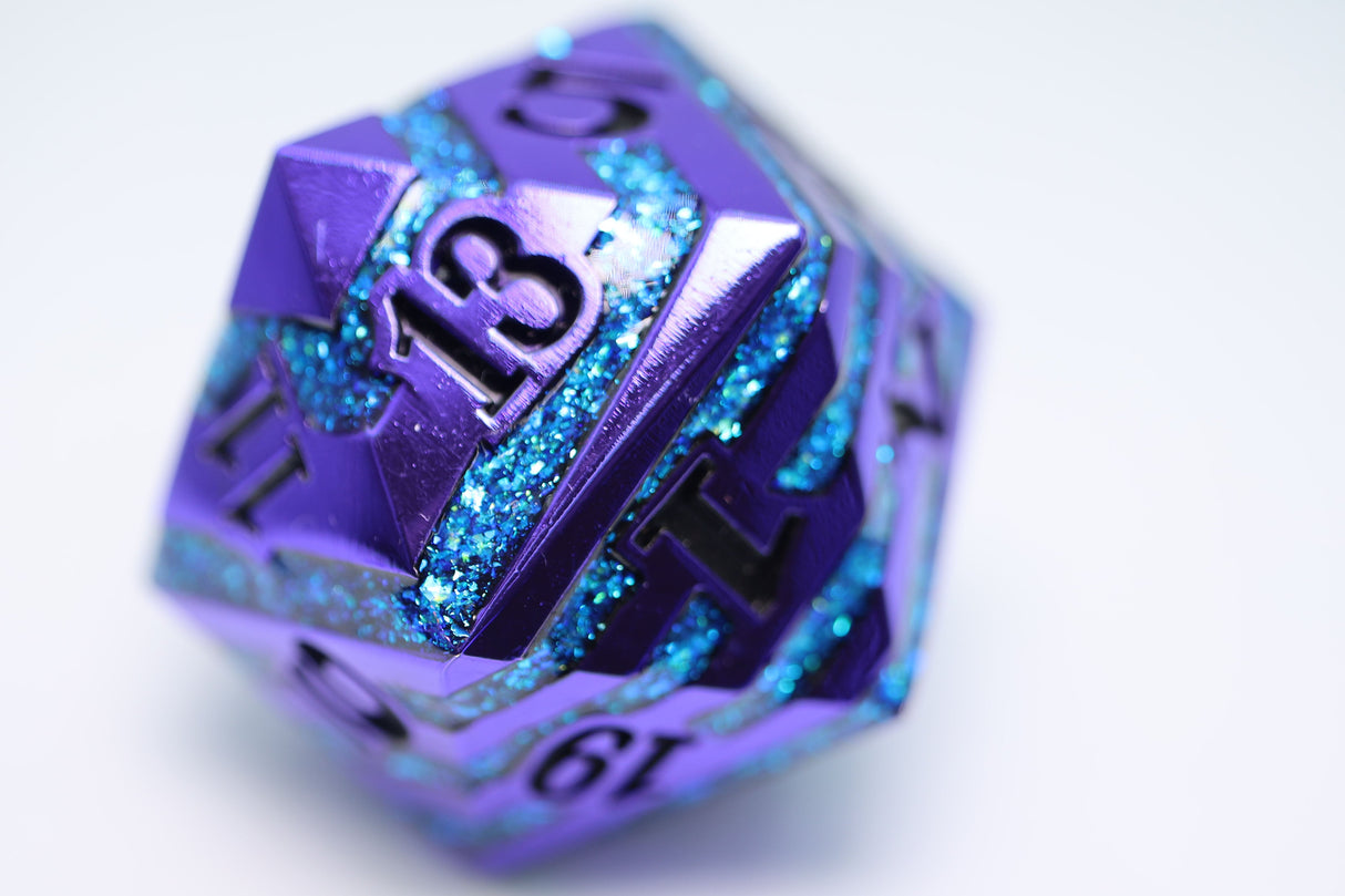 35mm Metal D20 - Purple with Blue Mica Metal Dice Foam Brain Games