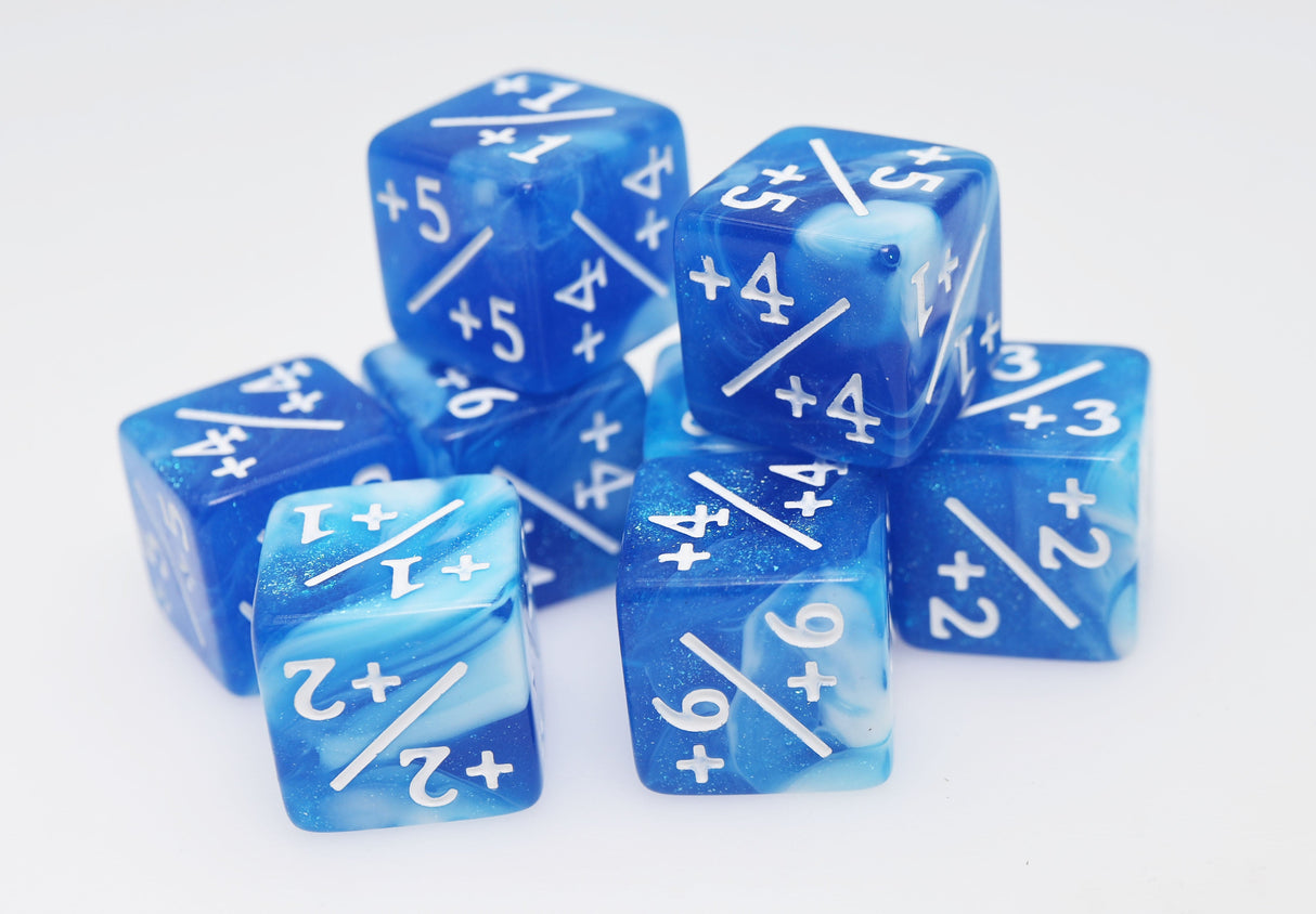 White & Blue Glitter +1/+1 Magic Counters Plastic Dice Foam Brain Games