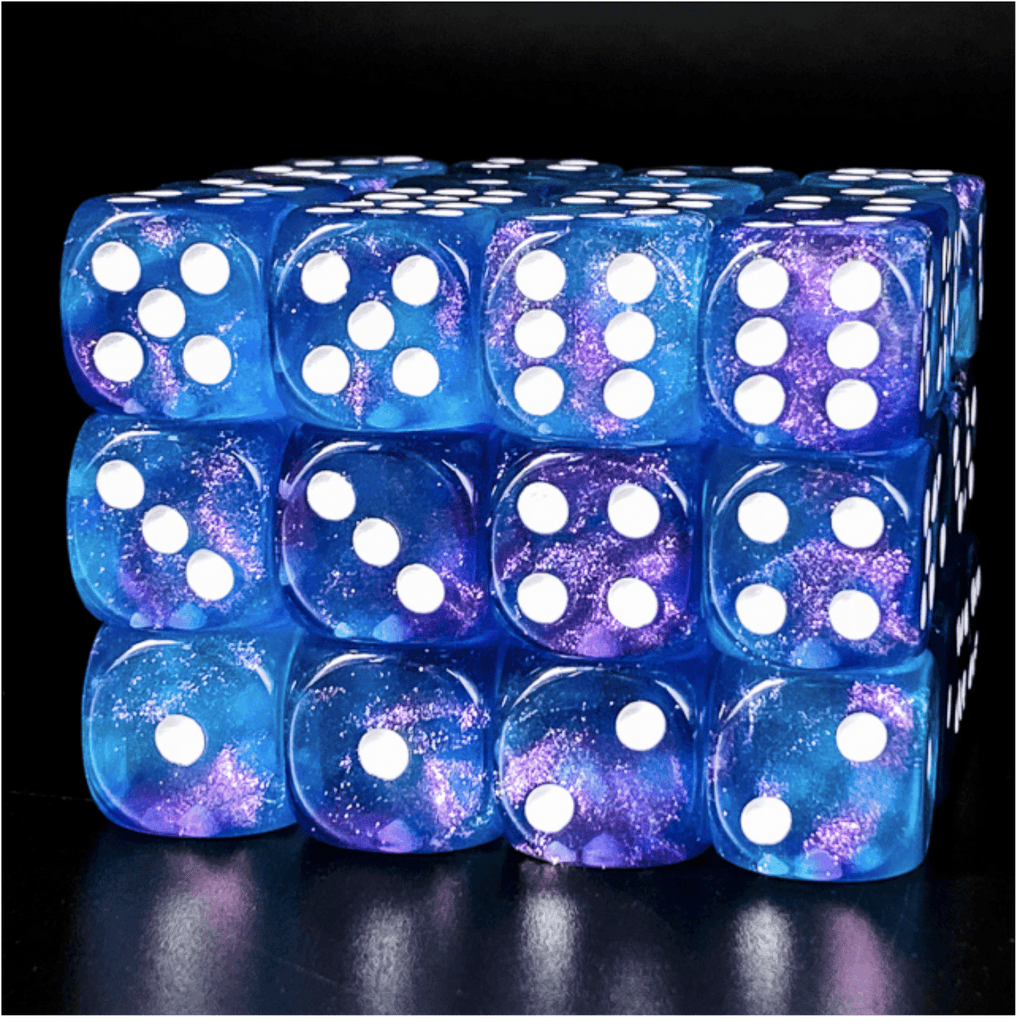 12 piece Pip D6s - Purple & Blue Glitter Plastic Dice Foam Brain Games