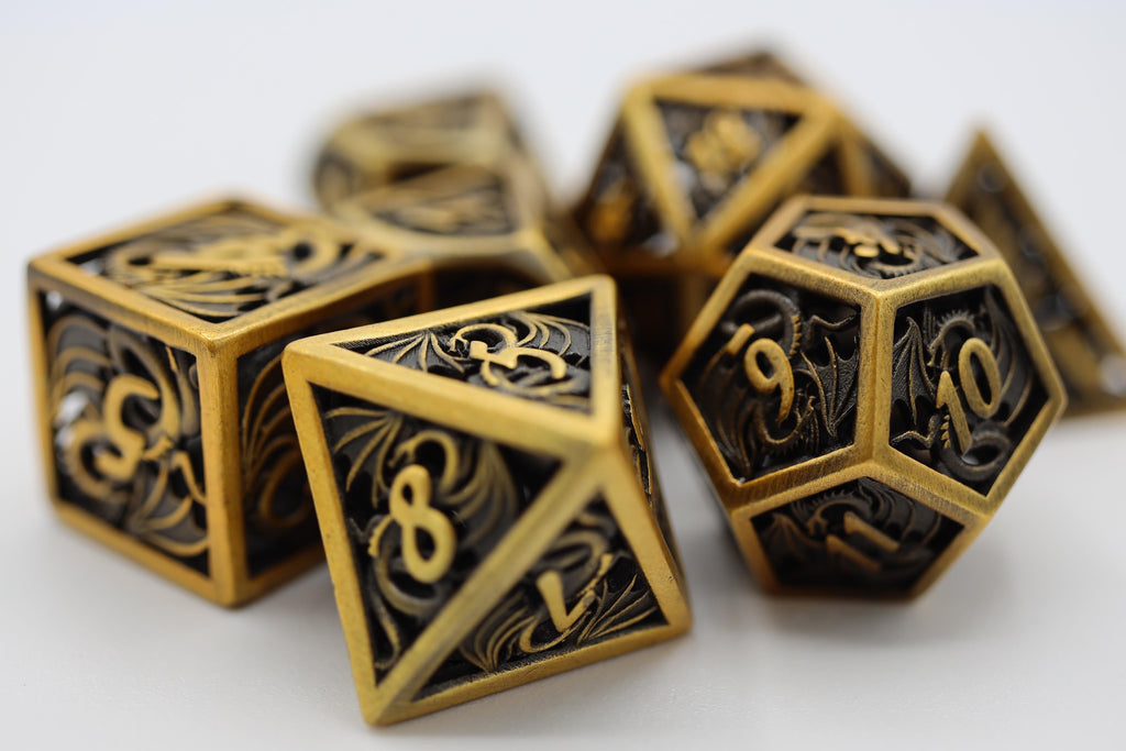 Dragon Essence: Gold - Hollow Metal RPG Dice Set Metal Dice Foam Brain Games