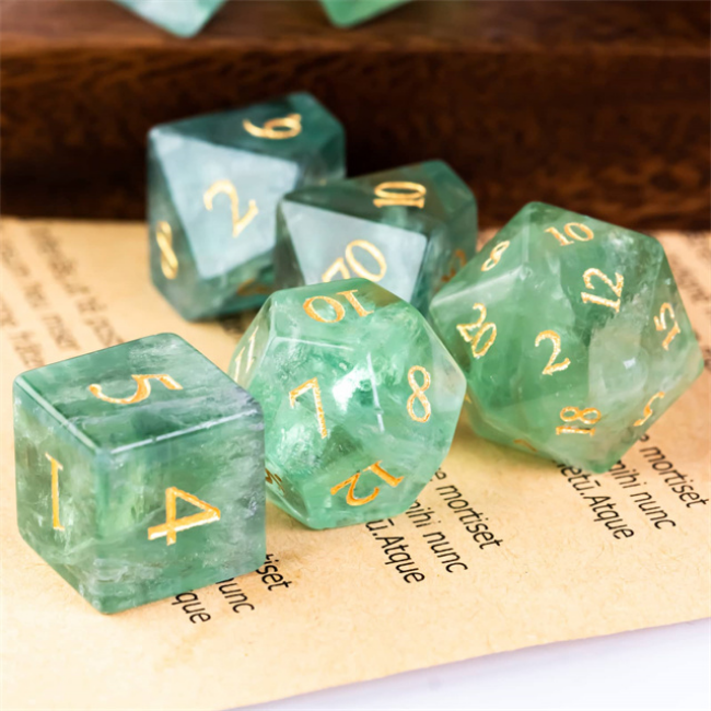 Green Amethyst Fluorite - Engraved with Gold Stone Dice Foam Brain Games