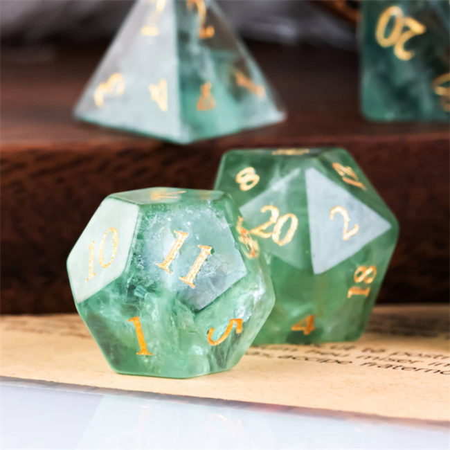 Green Amethyst Fluorite - Engraved with Gold Stone Dice Foam Brain Games