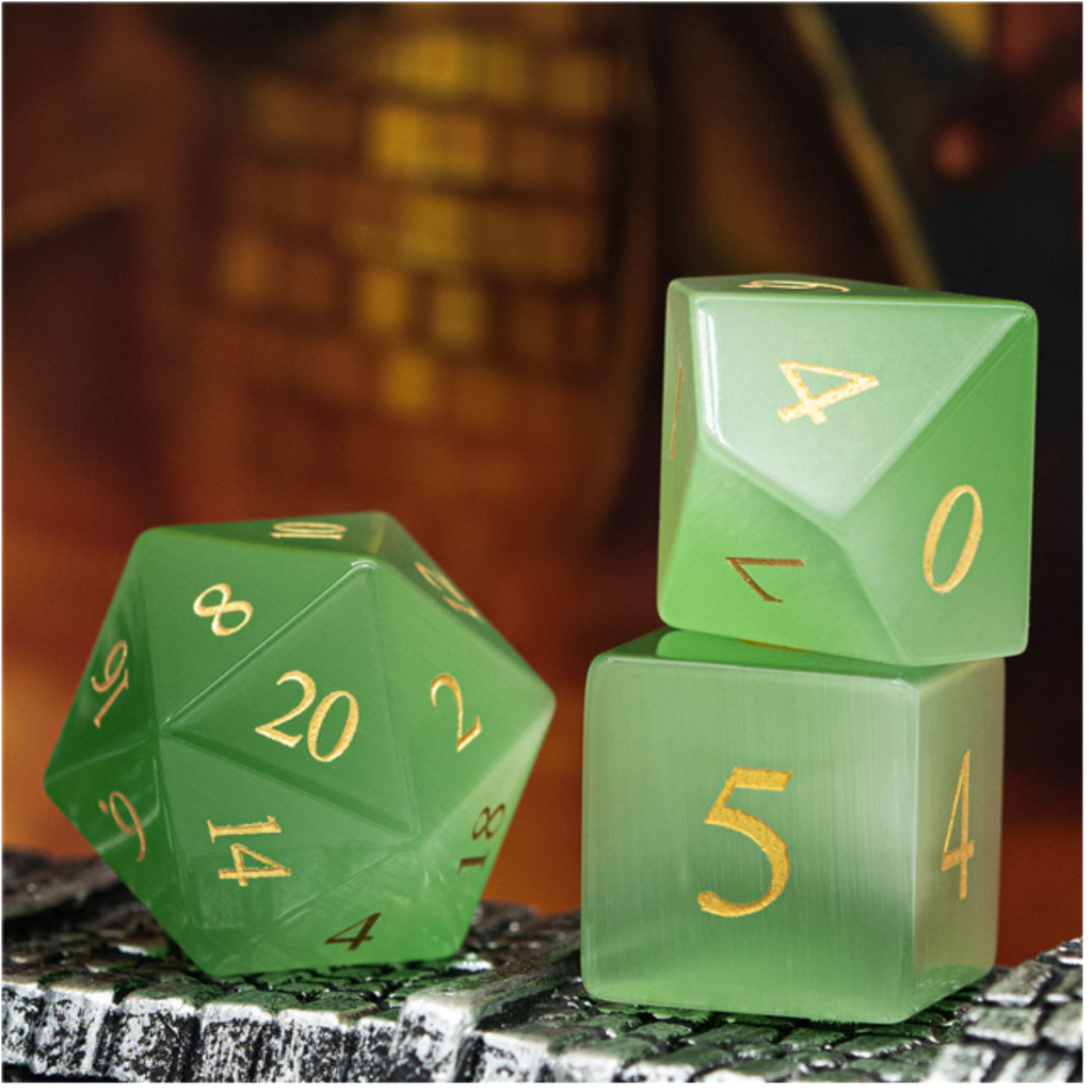 Cat's Eye Green - Gemstone Engraved with Gold Stone Dice Foam Brain Games