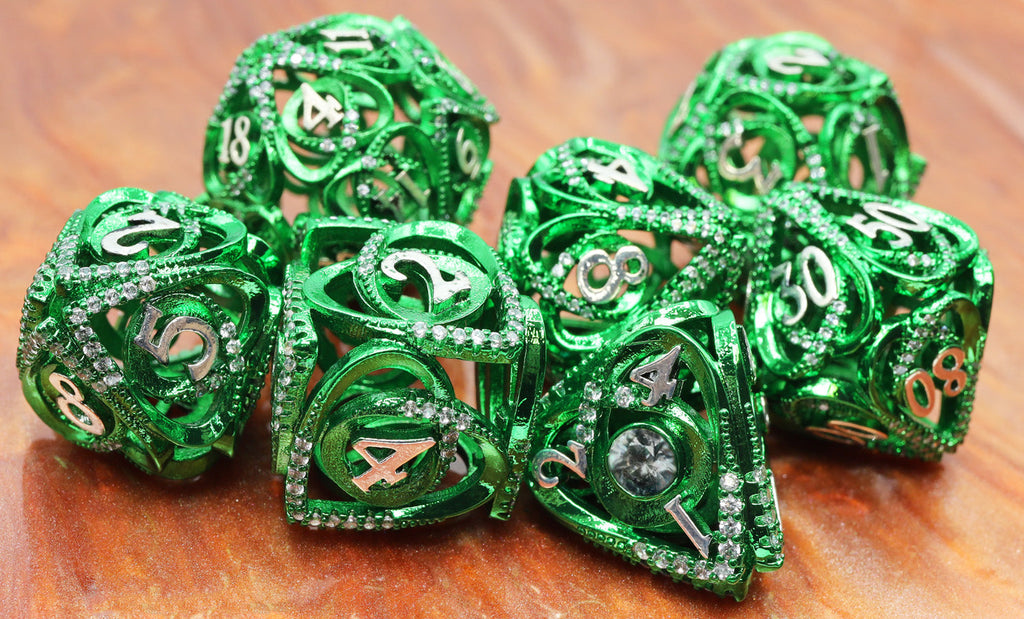 Hollow Hearts: Jeweled Green - Metal RPG Dice Set Metal Dice Foam Brain Games