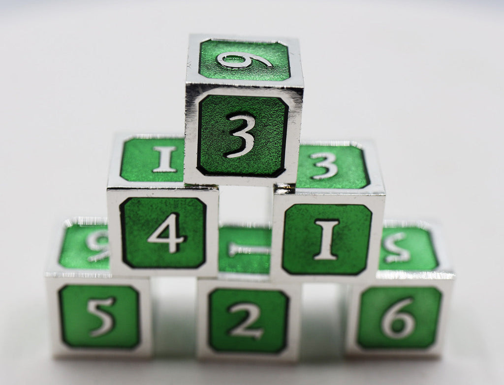 6 piece Metal D6s - Green and Silver Metal Dice Foam Brain Games