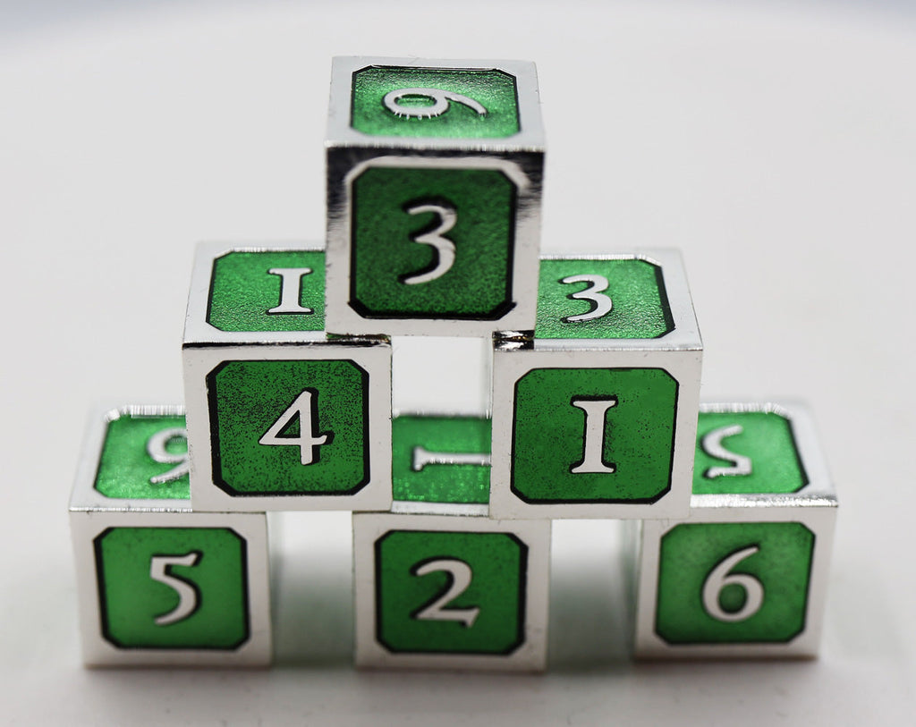 6 piece Metal D6s - Green and Silver Metal Dice Foam Brain Games