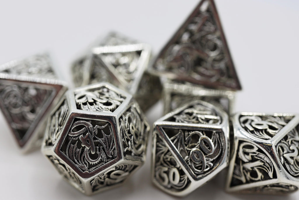 Dragon Essence: Mithril - Hollow Metal RPG Dice Set Metal Dice Foam Brain Games