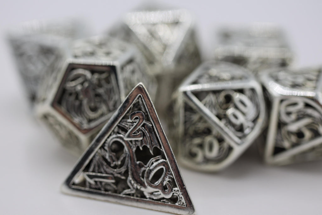 Dragon Essence: Mithril - Hollow Metal RPG Dice Set Metal Dice Foam Brain Games