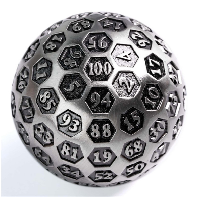 45mm Metal D100 - Inscribed Silver Metal Dice Foam Brain Games