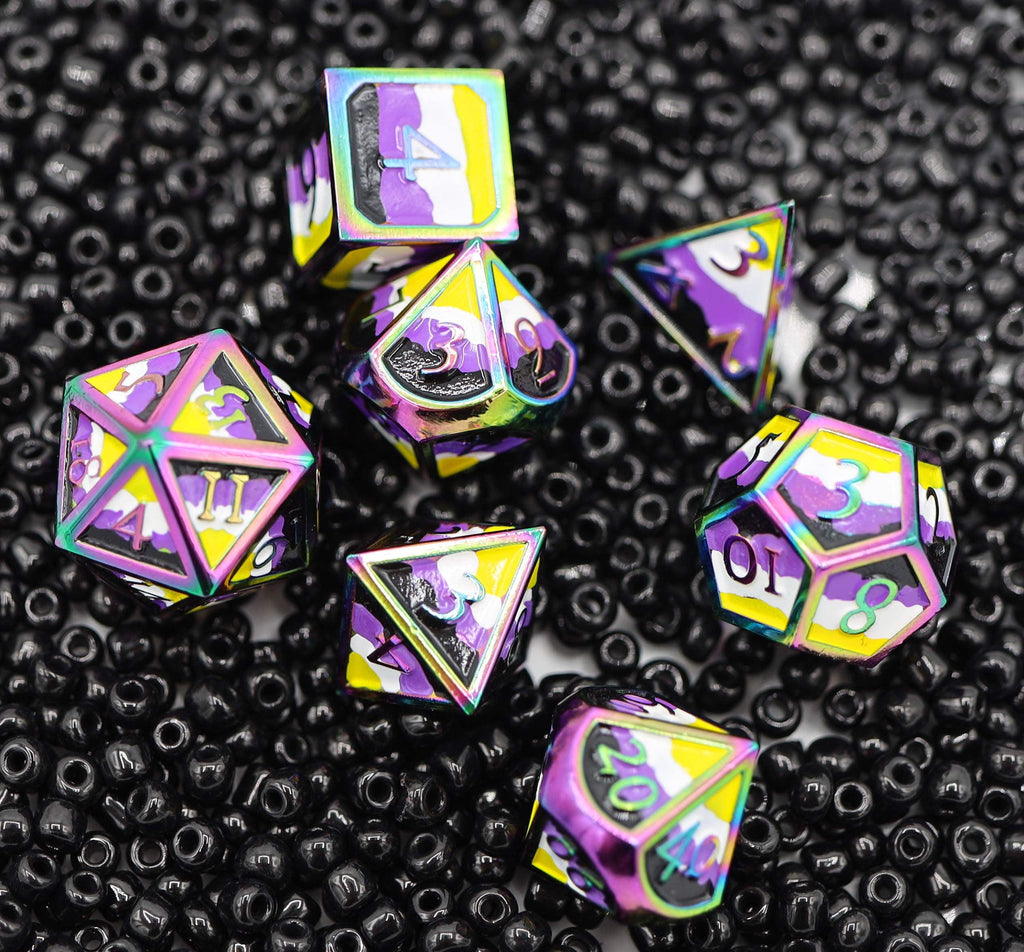 Nonbinary Pride Flag - Metal RPG Dice Set Metal Dice Foam Brain Games