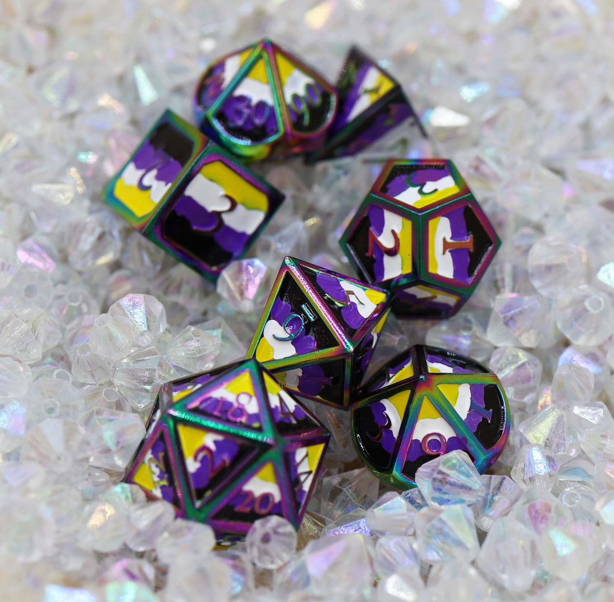 Nonbinary Pride Flag - Metal RPG Dice Set Metal Dice Foam Brain Games